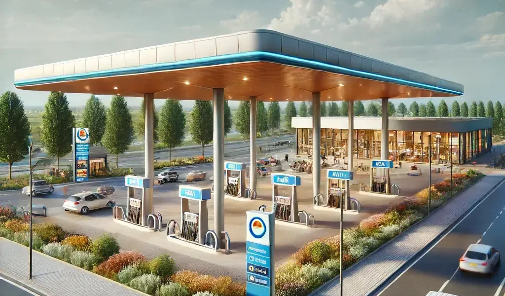 Une station-service moderne dotée de plusieurs pompes à essence sous un auvent, bien éclairée, avec une petite boutique sur le côté
