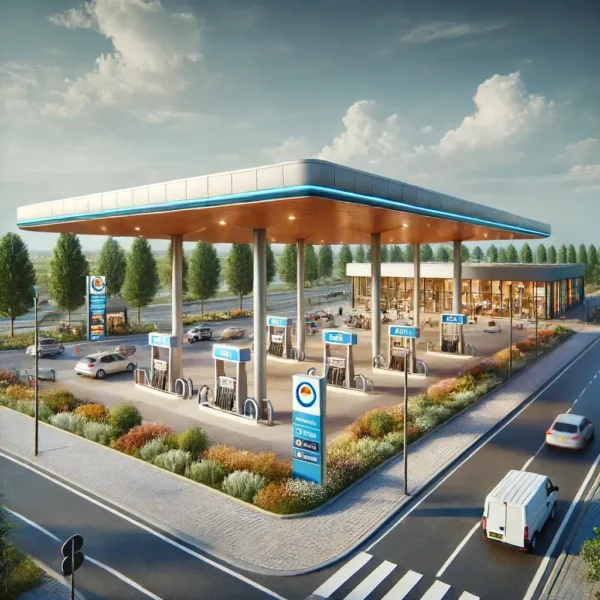 Une station-service moderne dotée de plusieurs pompes à essence sous un auvent, bien éclairée, avec une petite boutique sur le côté