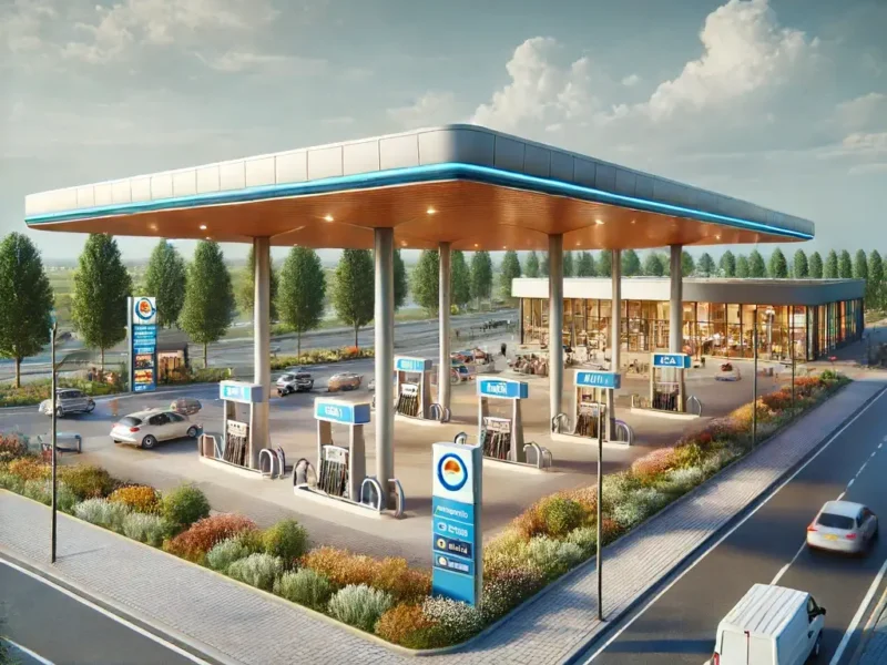 Une station-service moderne dotée de plusieurs pompes à essence sous un auvent, bien éclairée, avec une petite boutique sur le côté